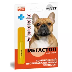 Краплі на холку для собак ProVET «Мега Стоп» від 4 до 10 кг, 1 піпетка (від зовнішніх та внутрішніх паразитів) (PR241744)