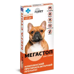 Капли на холку для собак ProVET "Мега Стоп" от 4 до 10 кг, 4 пипетки (от внешних и внутренних паразитов) (PR020076)