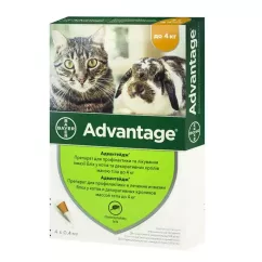 Краплі на холку для котів та кролів Bayer «Advantage» до 4 кг, 4 піпетки (від зовнішніх паразитів) (91005/46387)