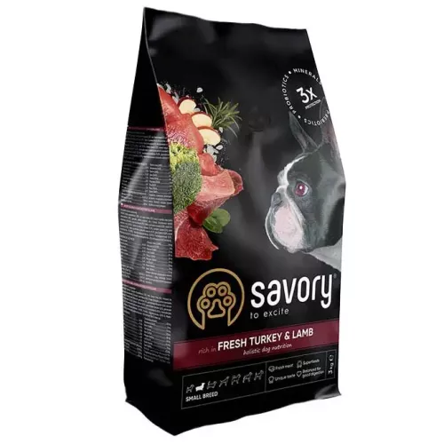 Сухий корм Savory для собак малих порід 3 кг зі смаком індички та ягня Savory Small Breed rich in Fresh Turkey and Lamb