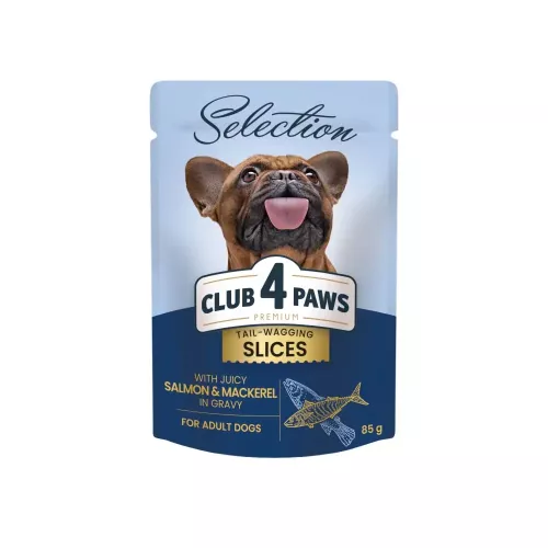 Вологий корм для дорослих собак малих порід собак Club 4 Paws Premium Selection 85г (лосось та макрель) (4820215368056)