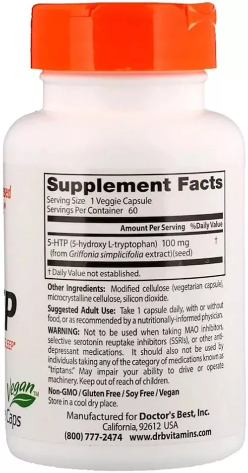 Амінокислота Doctor's Best 5-HTP (Гідрокситриптофан) 100 мг 60 капсул (753950000773) - фото №2