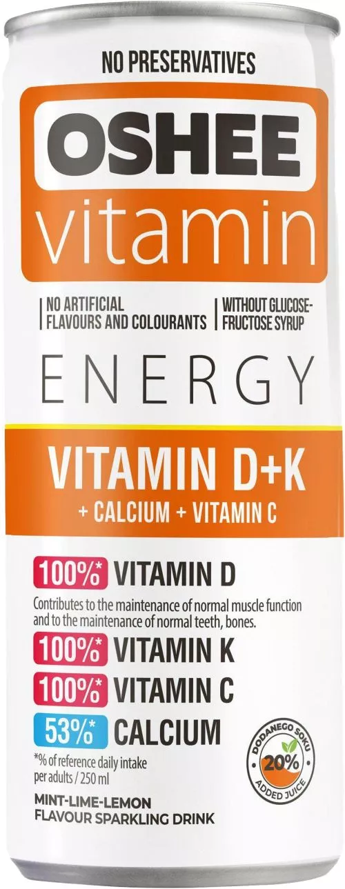 Упаковка безалкогольного газированного напитка Oshee Vitamin Energy Calcium + Vitamin D 0.25 л х 24 шт (5908260257286) - фото №2