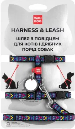 Шлей для кошек Collar WAUDOG Nylon с QR-паспортом, рисунок "Инди" с поводком, пластиковый фастекс, XS, Ш 10 мм, В 25-40 см, С 20-30 см (5488)