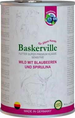 Вологий корм для собак Baskerville Sensitive Wild Mit Blaubeeren und Spirulina Оленина з чорницею і спіруліною 800 г (4250231541896)