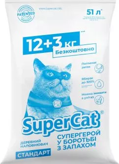 Наполнитель для кошачьего туалета SuperCat Стандарт Деревянный впитывающий 12 + 3 кг (51 л) (5159) (4820152564399)