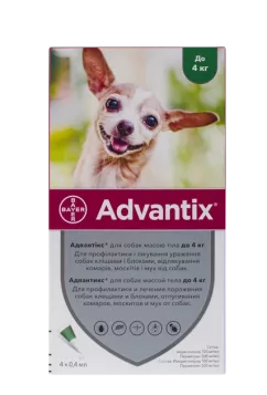 Bayer Адвантикс до 4 кг Краплі на холку для собак від зовнішніх паразитів 4 піпетки