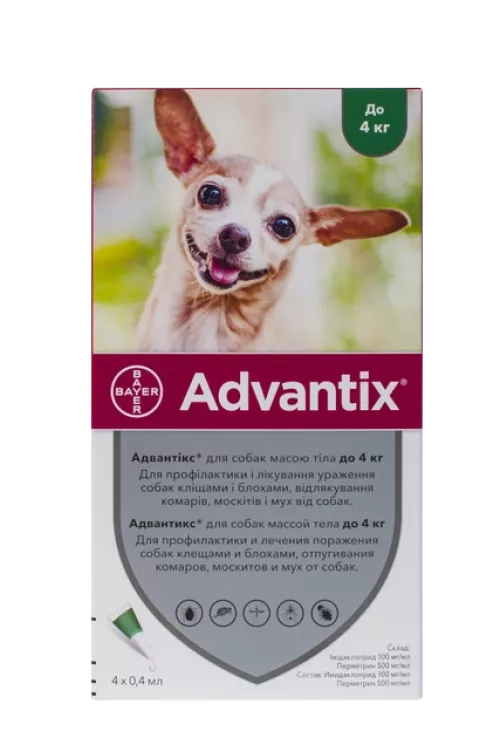 Bayer Адвантікс для собак до 4 кг краплі на холку 4 піпетки