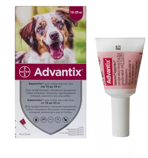 Bayer Адвантикс 10 - 25 кг Краплі на холку для собак від зовнішніх паразитів 4 піпетки - фото №3