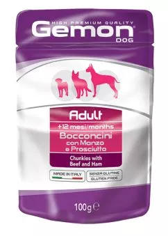 Влажный корм GEMON Dog Wet Adult кусочки с говядиной и ветчиной 0,1кг (70300605)