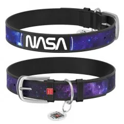 Ошейник для собак кожаный Collar WAUDOG Design с QR паспортом, рисунок "NASA21", L, Ш 25 мм, Дл 38-49 см черный (3605-0148-01)