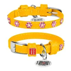 Нашийник для собак шкіряний Collar WAUDOG Glamour з QR паспортом, з клейовими стразами "Квіточка", Ш 12 мм, Дл 21-29 см жовтий (32698)