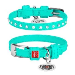 Ошейник для собак кожаный Collar WAUDOG Glamour с QR паспортом, с клеевыми стразами, Ш 9 мм, Дл 18-21 см ментоловый (325013)