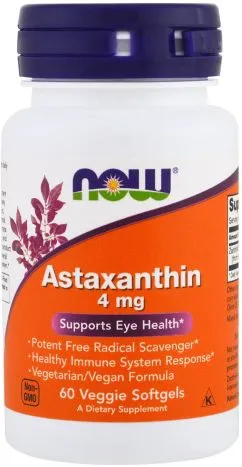 Натуральна добавка Now Foods Астаксантин 4 мг 60 желатинових капсул (733739032515)