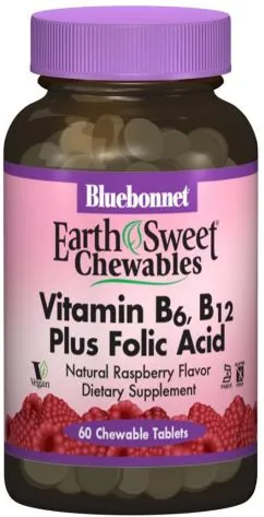 Витамины Bluebonnet Nutrition Earth Sweet Chewables Витамин В6, B12 + Фолиевая кислота малина 60 жевательных таблеток (743715004450)