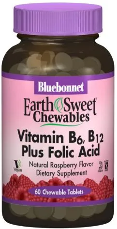 Вітаміни Bluebonnet Nutrition Earth Sweet Chewables Вітамін В6, B12 + Фолієва кислота малина 60 жувальних таблеток (743715004450)