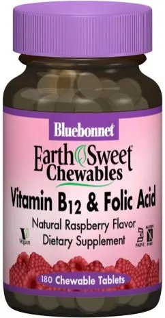 Витамины Bluebonnet Nutrition Earth Sweet Chewables Витамин В12 и фолиевая кислота малина 180 жевательных таблеток (743715004351)