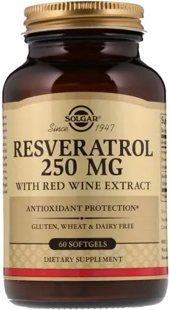 Натуральна добавка Solgar Resveratrol with red Wine Extract Ресвератрол з екстрактом червоного вина 250 мг 60 капсул (033984024847)