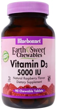 Витамин D3 5000IU Bluebonnet Nutrition Earth Sweet Chewables 90 жевательных таблеток Вкус малины (743715003668)