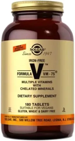 Мультивитамины Solgar без железа, формула VM-75, Iron-Free Formula VM-75, 180 таблеток (33984011533)