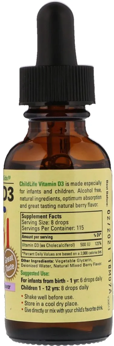 Вітаміни ChildLife D3 для дітей у крапельках зі смаком ягід 500 МО Vitamin D3 Drops 26.9 мл (608274109001) - фото №2