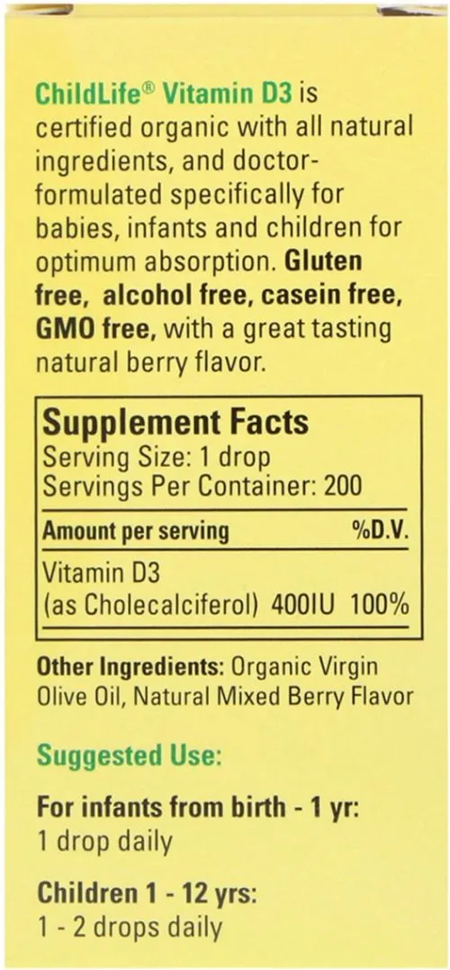 Вітаміни ChildLife D3 для дітей зі смаком ягід 400 МО Organic Vitamin D3 Drops 6, 25 мл (608274130005) - фото №2