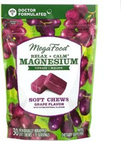 Успокаивающий магний, вкус винограда, Relax+Calm Magnesium Soft Chews, Grape, Mega Food 30 мягких жевательных конфет в индивидуальной упаковке (51494103999)
