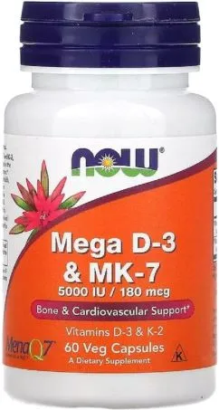 Now Foods Вітаміни D-3 & MK-7, 5000 МО / 180 мкг, 60 капсул (733739003843)