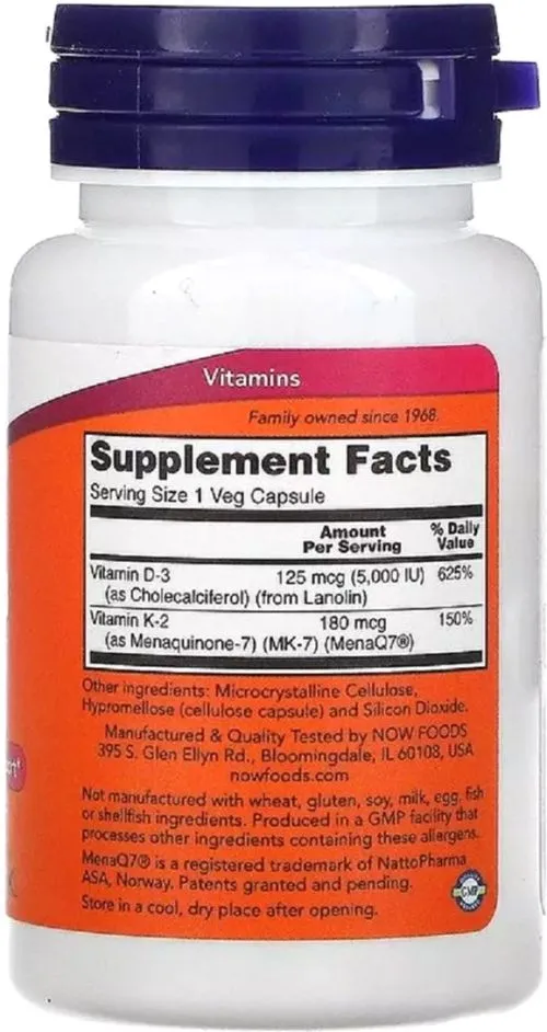 Now Foods Вітаміни D-3 & MK-7, 5000 МО / 180 мкг, 60 капсул (733739003843) - фото №2