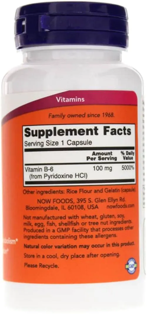 Витамин В6 (Пиридоксин), Vitamin B6, Now Foods 100 мг, 100 капсул (733739004567) - фото №2