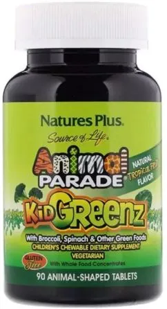 Витаминный Комплекс Из Зеленых Суперфуд для Детей, Вкус Тропические Фруктов, Kid Greenz, Animal Parade, Natures Plus, 90 Жевательных Таблеток (097467299689)
