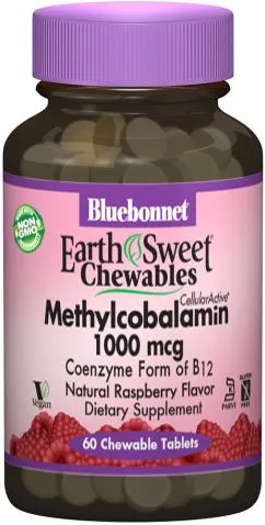 Витамины Bluebonnet Nutrition Earth Sweet Chewables Метилкобаламин В12 1000 мкг малина 60 жевательных таблеток (743715004412)