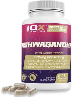 Ашваганда, Ashwagandha, 10X Nutrition USA, 60 веганських капсул (717340890917)