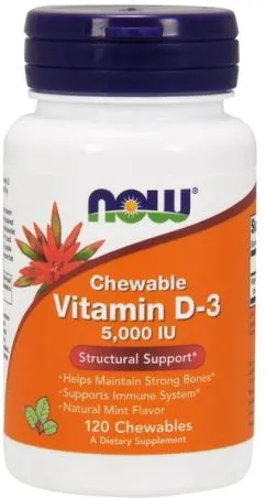 Жувальний вітамін Д3 NOW 5.000 IU Mint 120 жувальних таблеток (733739003584)