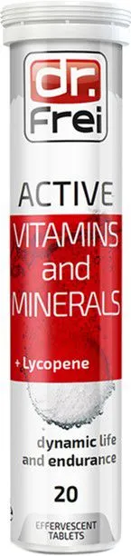 Вітаміни шипучі Dr. Frei Active, Актив Вітаміни та Мінерали (С, D3, Zn, B, E, PP, А, Mg, Cu, Fe) + Лікопін, №20 (3800003323802)