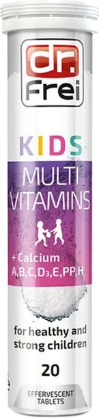 Вітаміни шипучі Dr. Frei KIDS Multivitamin, Мультивітаміни Дитячі (А, В, С, D3, E, PP, H) +Кальцій, №20 (3800003323826)