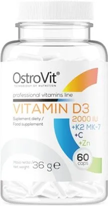 Витамины и минералы OstroVit Vitamin D3 2000 IU + K2 MK-7 + C + Zn 60 капсул (5903933900407)