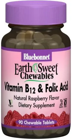 Витамины Bluebonnet Nutrition Earth Sweet Chewables Витамин В12 и фолиевая кислота малина 90 жевательных таблеток (743715004344)