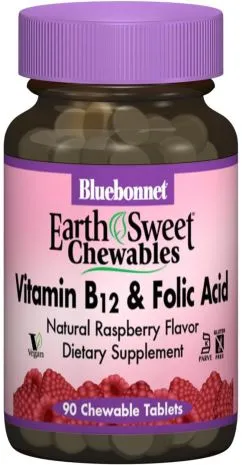 Вітаміни Bluebonnet Nutrition Earth Sweet Chewables Вітамін В12 і фолієва кислота малина 90 жувальних таблеток (743715004344)