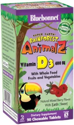 Вітаміни Bluebonnet Nutrition Rainforest Animalz Вітамін D3 400IU Ягоди 90 жувальних таблеток (743715001947)