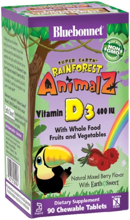 Витамины Bluebonnet Nutrition Rainforest Animalz Витамин D3 400IU Ягоды 90 жевательных таблеток (743715001947) - фото №3