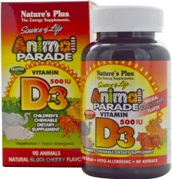 Вітаміни Natures Plus Animal Parade Вітамін D3 Чорна вишня 90 жувальних таблеток (97467299504)