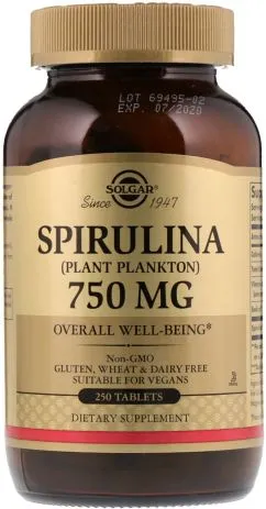 Натуральная добавка Solgar Спирулина 750 мг 250 таблеток (033984026612)