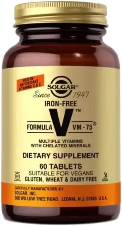 Мультивитамины Solgar без железа, формула VM-75, Iron-Free Formula VM-75, 60 таблеток (33984011731)