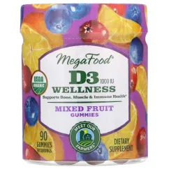 Вітамін D3, 1000 IU, Wellness, смак фруктів, Mega Food 90 желейних цукерок (51494103487)