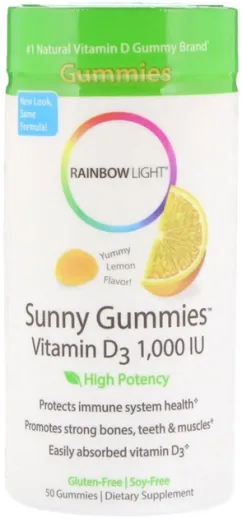 Витамины Rainbow Light D3 вкус лимона Sunny Gummies 1000 МЕ 50 жевательных конфет (21888120628)