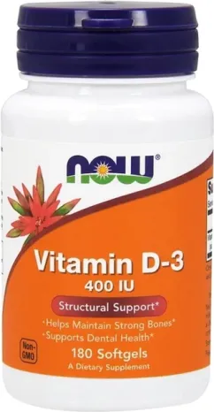 Витамин D3, Vitamin D-3, Now Foods 400 МЕ, 180 желатиновых капсул (733739003645)