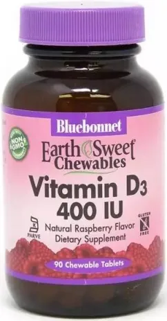 Вітамін D3 400IU Bluebonnet Nutrition Earth Sweet Chewables 90 жувальних таблеток Смак малини (743715003606)