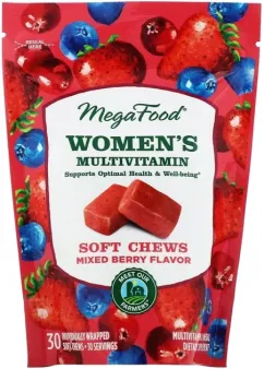 Мультивитамины для женщин, вкус ягод, Women's Multivitamin Soft Chews, Mixed Berry Flavor, Mega Food 30 мягких жевательных конфет в индивидуальной упаковке (...