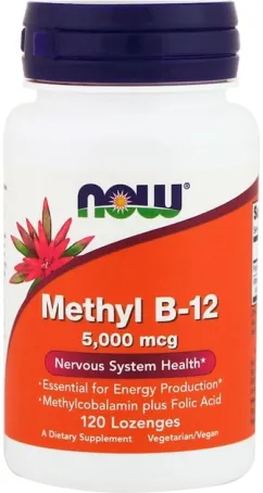 Вітамін B-12, Methyl B-12, Now Foods 5000 мкг, 120 льодяників (733739004932)